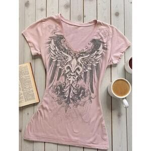 Womens Y2K Gothic V-Neck Slim Fit T-Shirt Grunge Short Sleeve Trendy Crop Tops